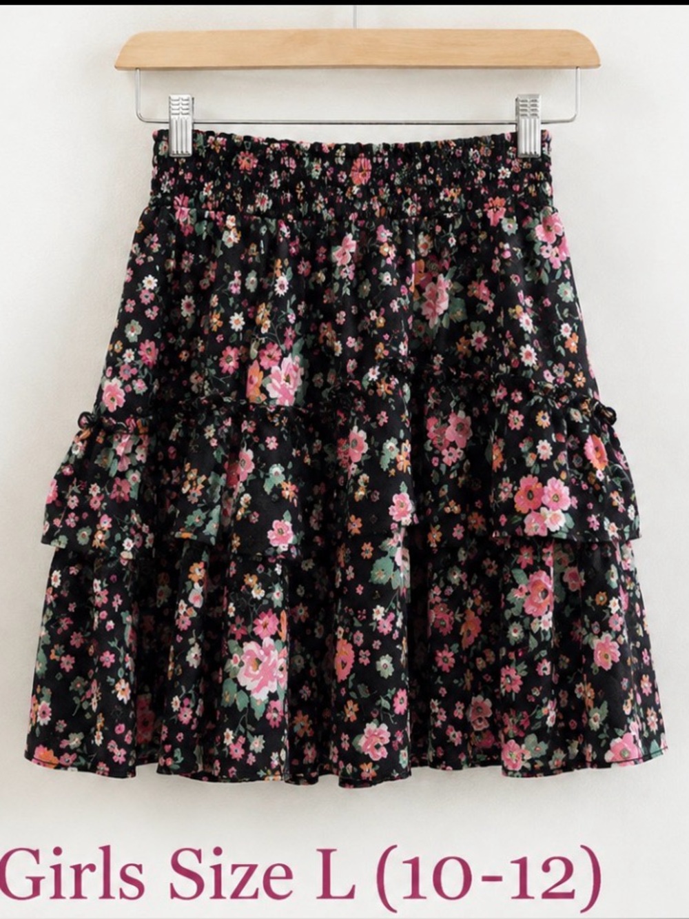 btween Black Floral Tiered Skirt Girls size Large